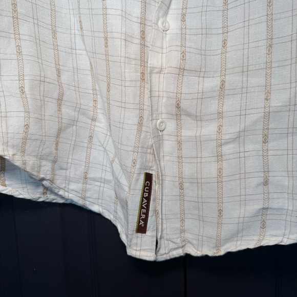 Cubavera Large Stone Beige+ Tan Aztec Plaid Khaki Trim Linen Rayon BD Shirt M - Picture 6 of 10